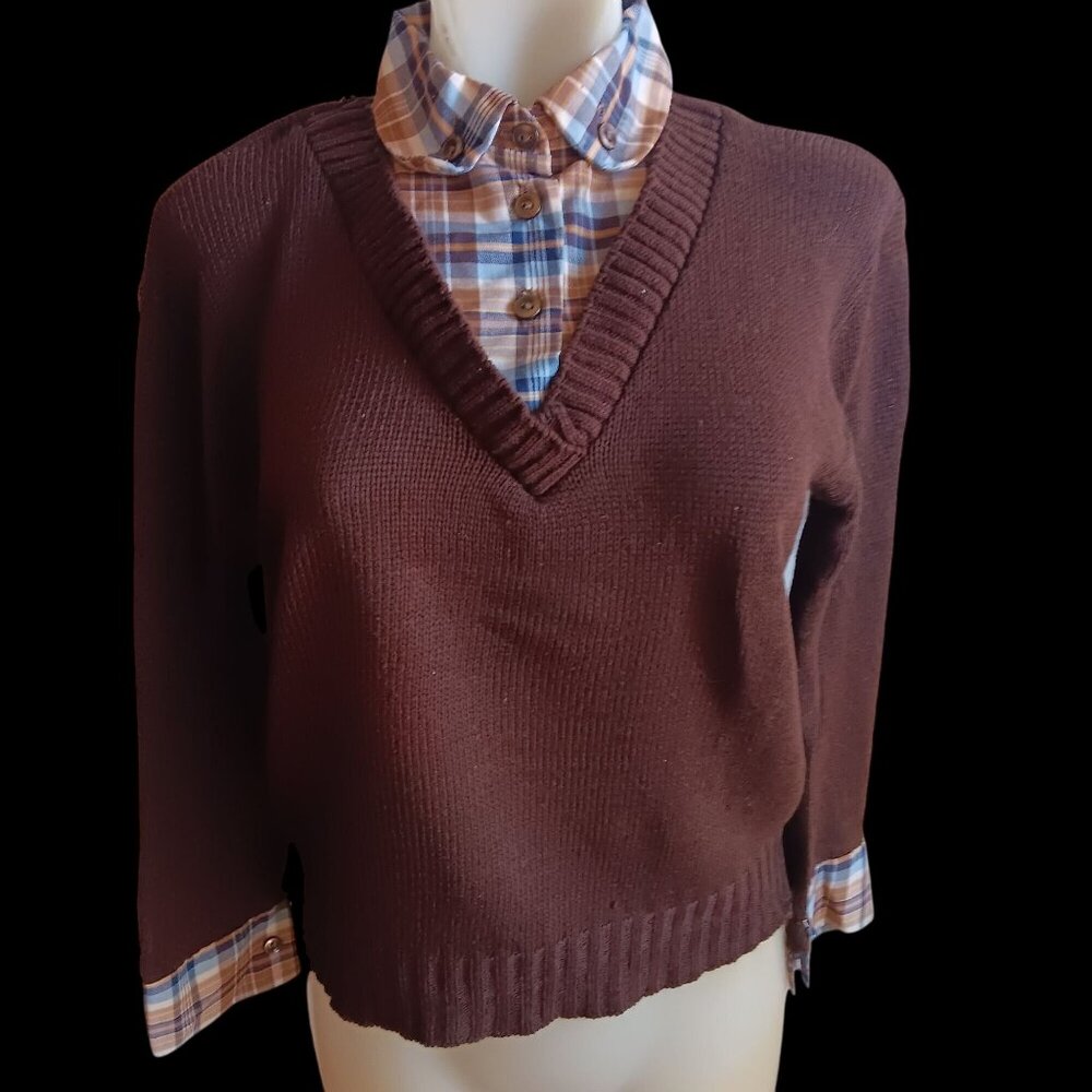 Women's Medium V-Neck Sweater Vintage 70's Brown Layered Look Cottage Granny
